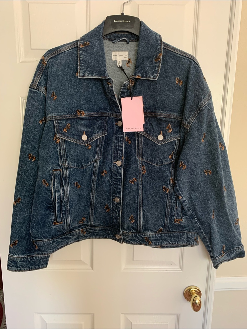 NWT Avec Les Filles Jacket: Blue Denim w/Embroidered Horses, Buttons, XL